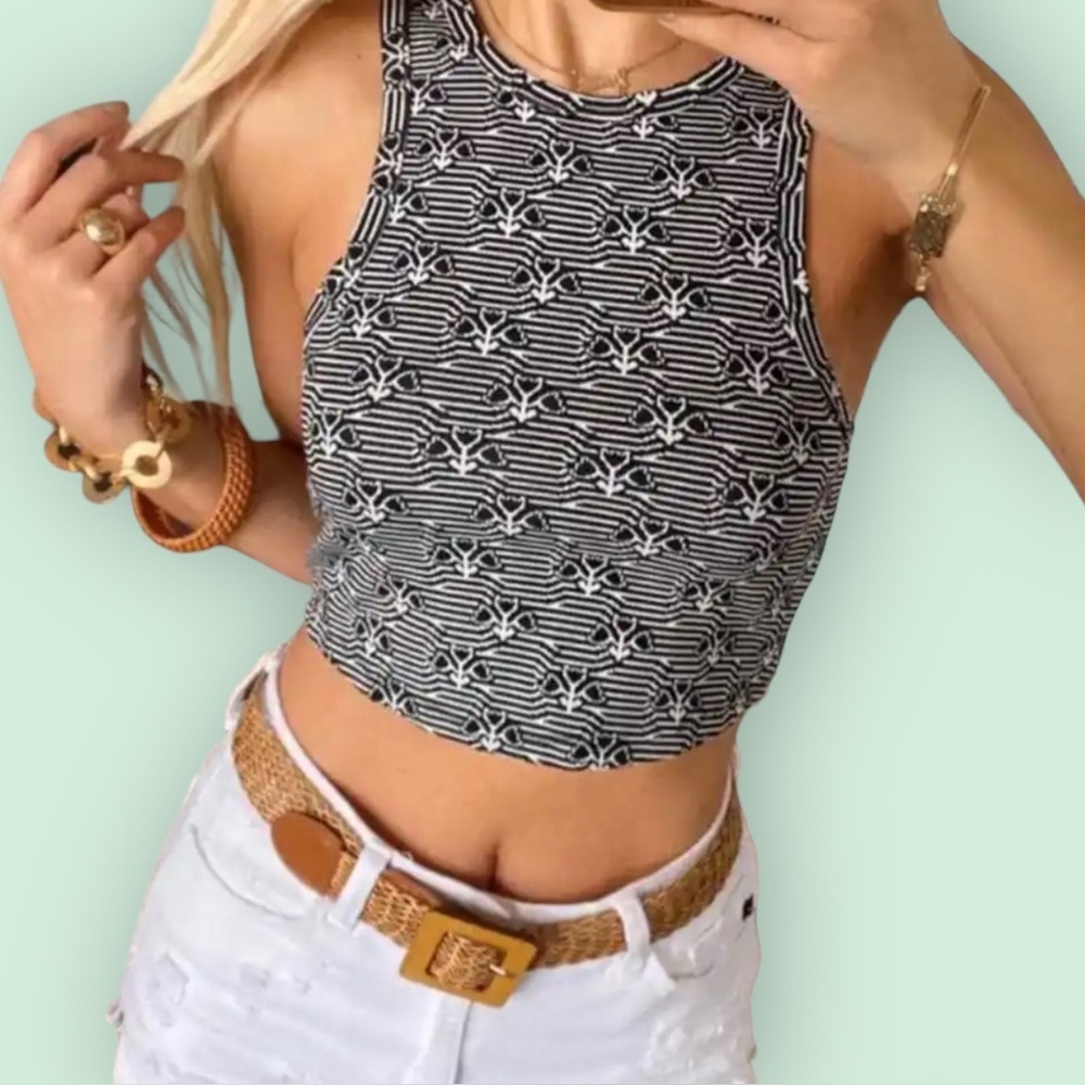 Zara Black & White Printed Racerback Crop Top